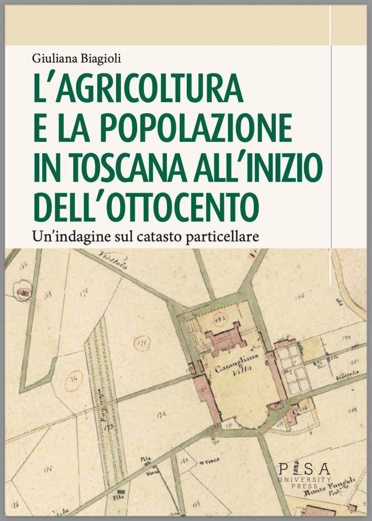 Copertina libro Agricoltura e Popolazione in Toscana all'inizio dell'Ottocento, dettaglio di mappa del catasto leopoldino con Villa di Camugliano